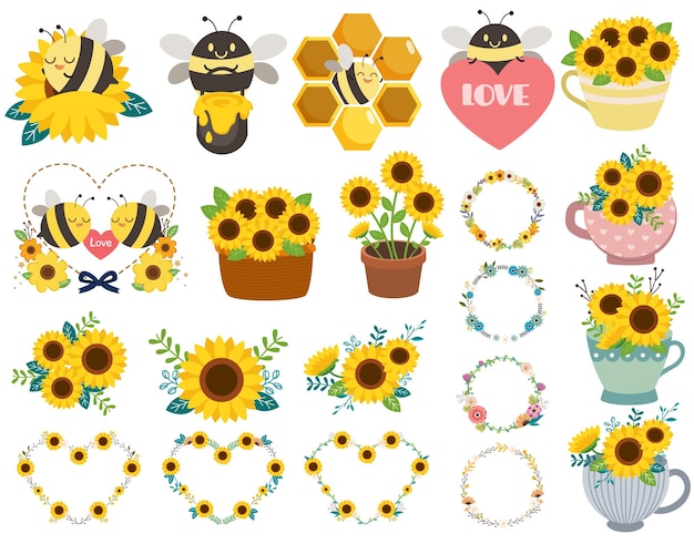 Vector set of cute bee honey house bee jar and flower in flat vector style