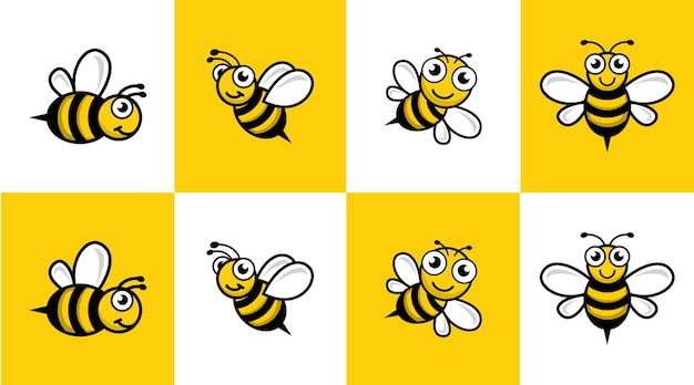 Vector set a cute bee mascot logo vector cartoon insect cute character bee fly template icon