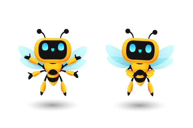 Set of cute bee robot ai character in happy and confidence pose