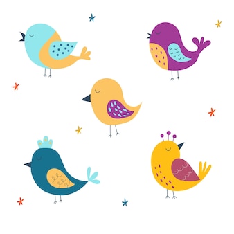 Set di uccelli carini illustrazione vettoriale isolato su uno sfondo biancoillustrazione disegnata a mano