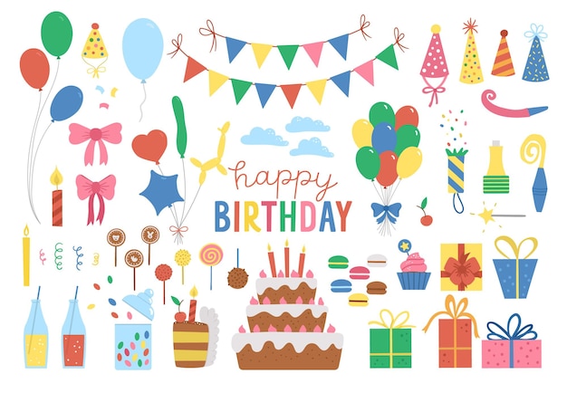 Set of cute Birthday design elements Party celebration clipart collection Vector holiday pack