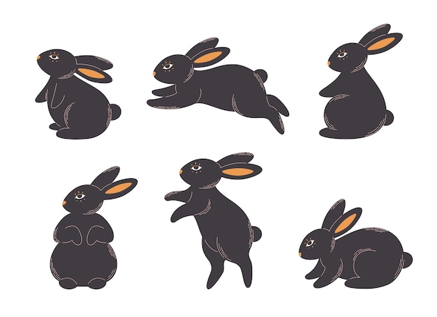 Set of cute black bunnies. Animal, hare. Year of the Rabbit. Hand drawn vector illustration