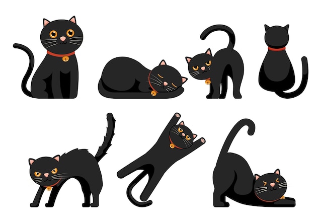 Vector set of cute black cats set isolated on white background