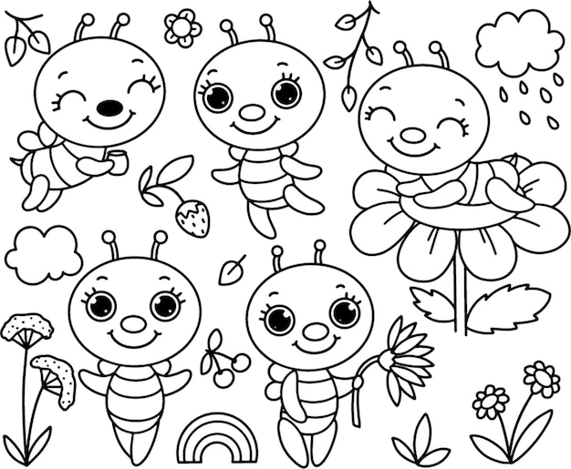 Set of cute black white bees