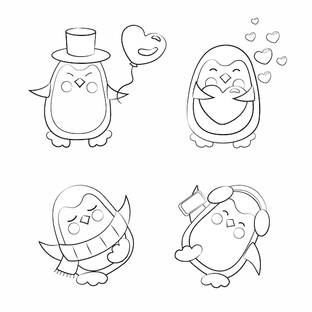 A set of cute black and white contourdrawn dancing and listening to music funny penguins