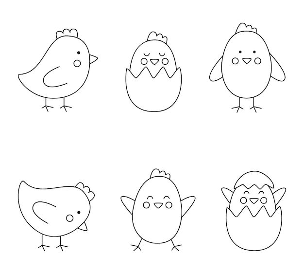 Set of cute black and white Easter chickens in cartoon style.