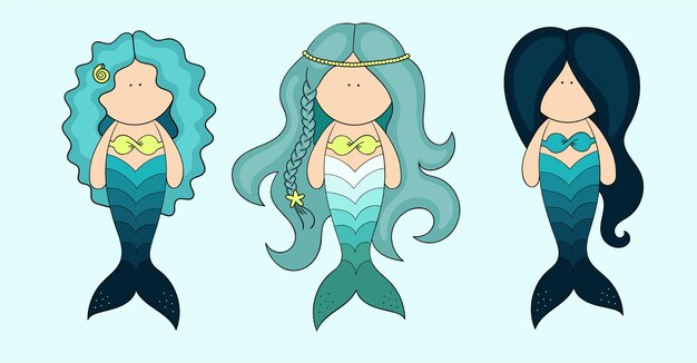 Set of cute blue little mermaids with long hair vector illustration in cartoon outline style