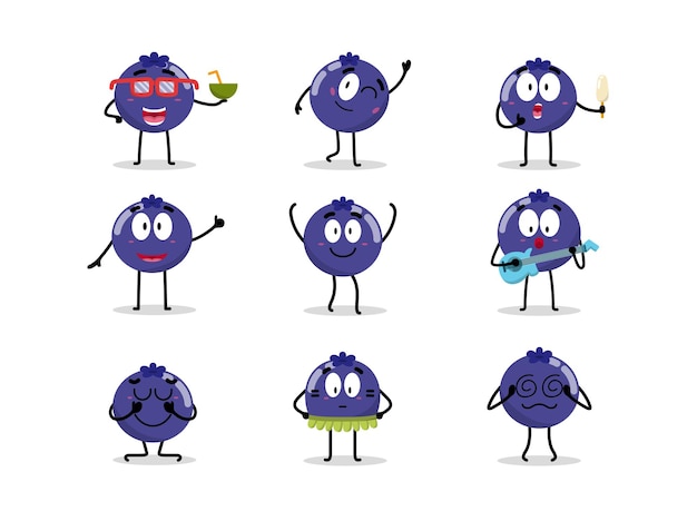 Set of cute blueberry character in different poses