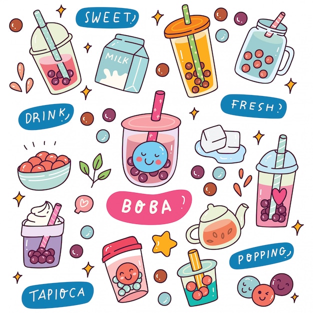 Vector set of cute boba drink illustration