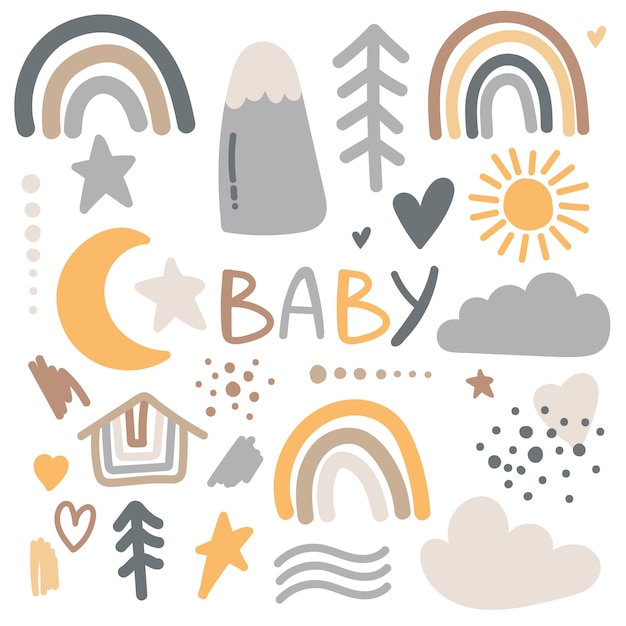Vector set of cute boho baby objects in scandinavian style cartoon doodle kids clipart for baby shower invitation card nursery room decor poster