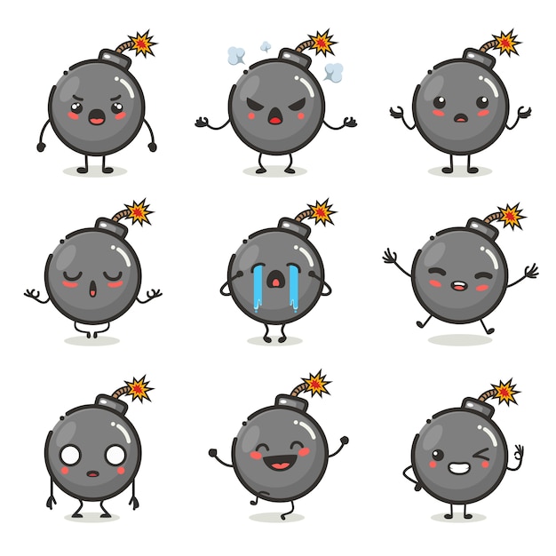 Set of cute bomb character in different action emotion