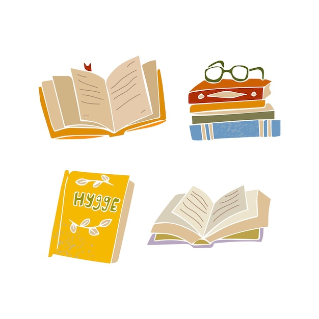 Set of cute books, hygge hand drawn illustration