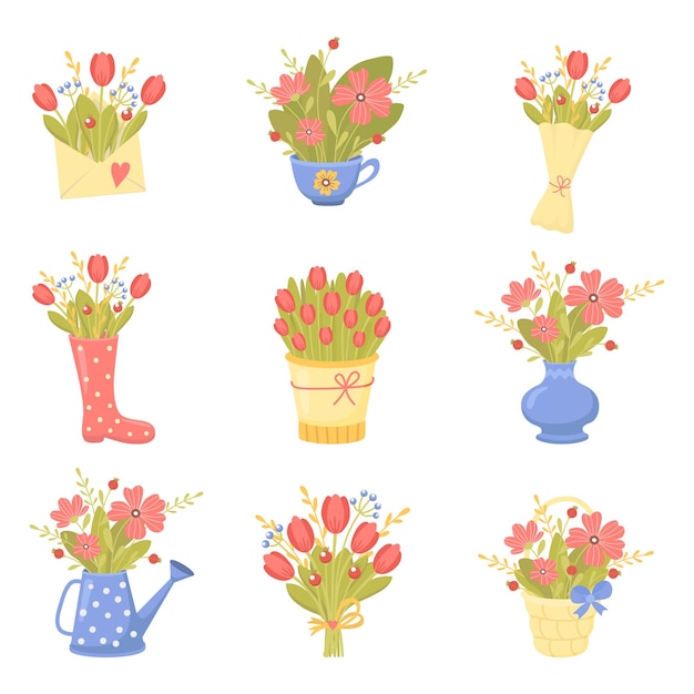 Vector set of cute bouquets of spring flowers