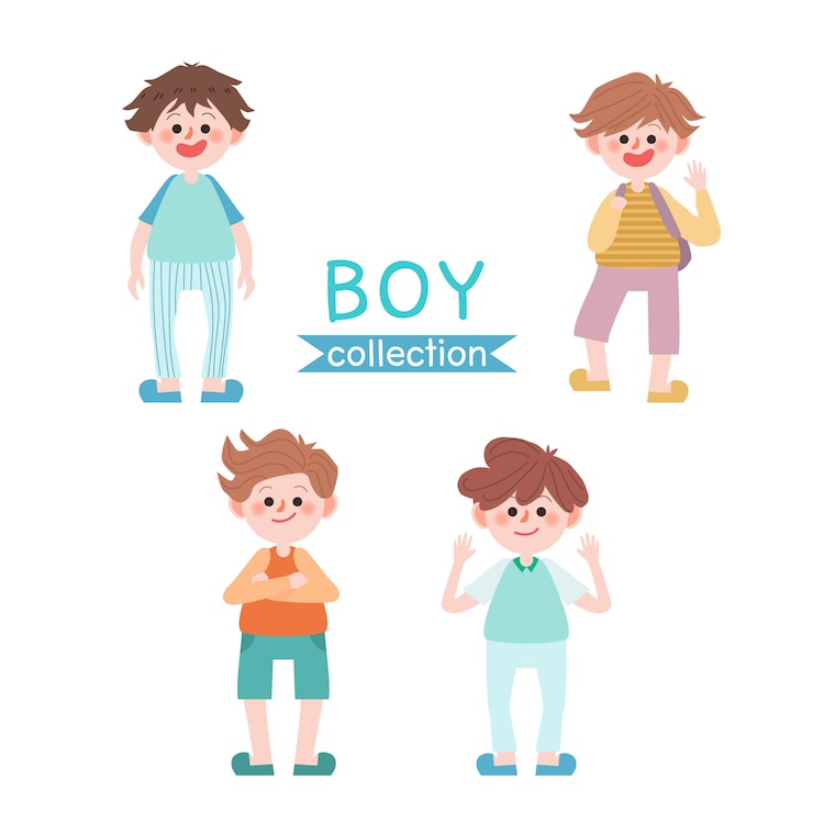 Vector かわいい少年のセット。学校の子供たちに戻る。