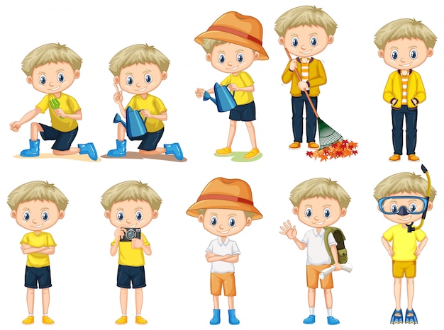 Set of cute boy doing different activities on white background