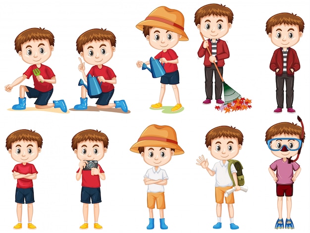 Vector set of cute boy doing different activities