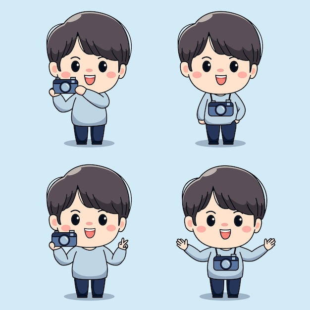 Set of cute boy holding camera cartoon illustration