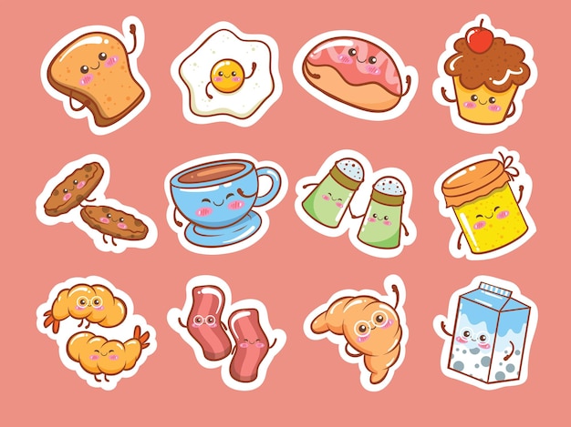 Set of cute breakfast icon sticker cartoon characters illustration