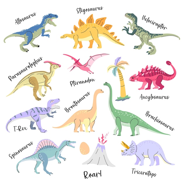 Vector set of cute bright dinosaurs including trex brontosaurus triceratops velociraptor pteranodon allosau