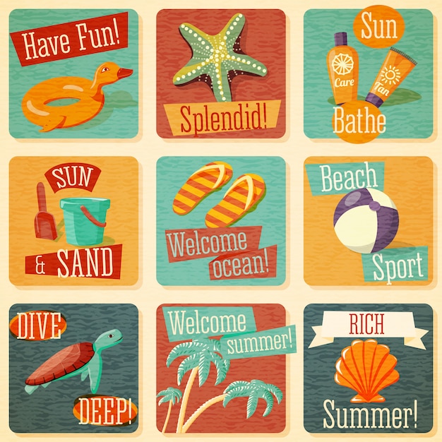 Set of cute bright summer emblems with typographic elements.  Vector.