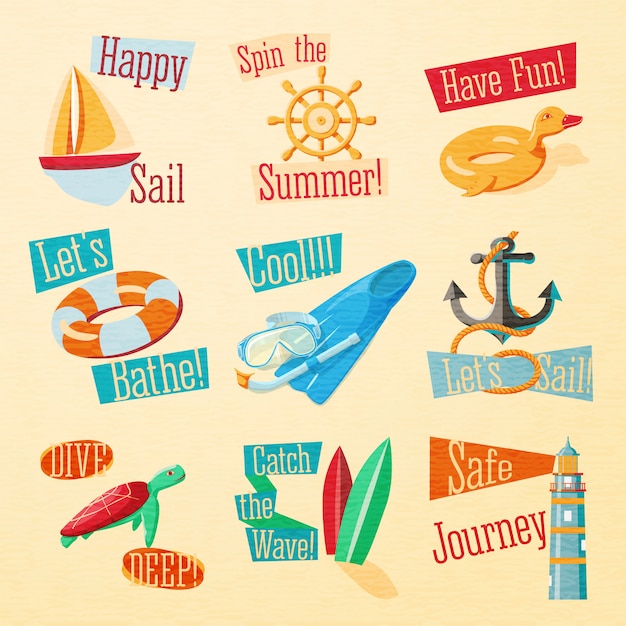 Набор милых ярких летних эмблем с типографскими элементами. Яхта, колесо, резиновая утка, спасательный круг, ласты, якорь, маяк, прибой, черепаха, маска для плавания.