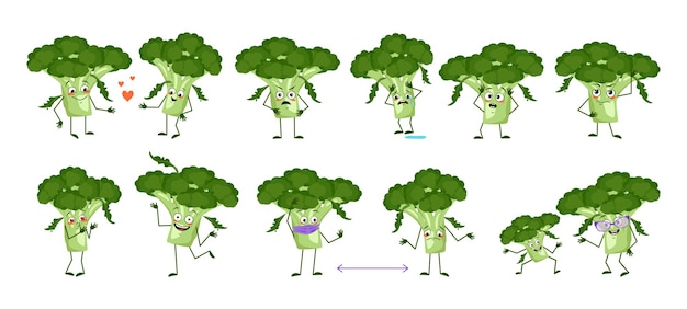 Set di simpatici personaggi di broccoli con emozioni, volti, braccia e gambe. eroi divertenti o tristi, le verdure verdi giocano, si innamorano, tengono le distanze. illustrazione piatta vettoriale