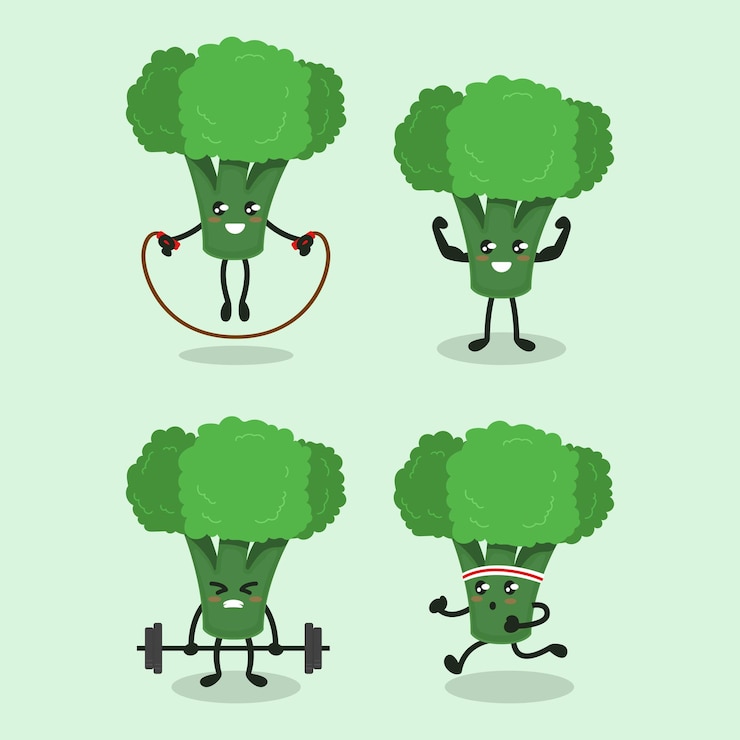 Vector set of cute broccoli healthy vegetable mascot