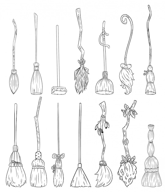 Set of cute broomstick doodles