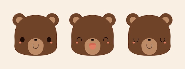 Set of cute brown bear cartoon icons Flat vector illustration