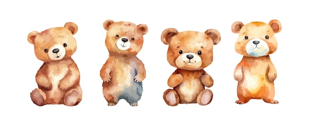 set of cute brown teddy bear watercolor isolated on white background vector illustration