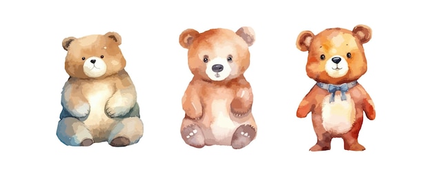 set of cute brown teddy bear watercolor isolated on white background vector illustration