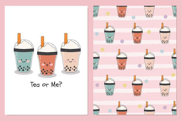 Set of cute  bubble milk ice teas with whipped cream topping with  seamless illustration patern background