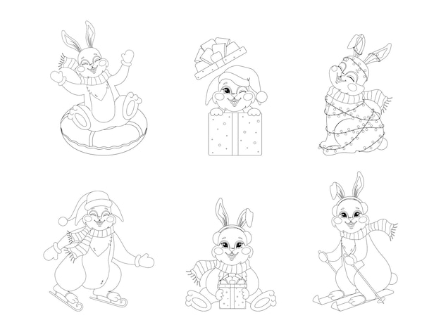 Set of cute bunnies for coloring book Christmas rabbits with garland gifts ski Black and white coloring pages Isolated vector outline illustration Children education