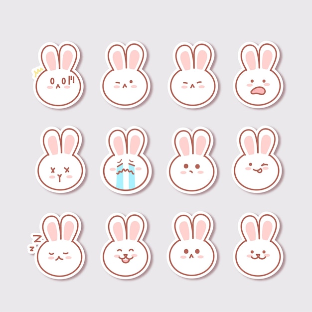 Premium Vector  Set of cute bunny with sticker isolated on grey