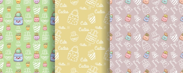 set of cute cactus cartoon character seamless pattern