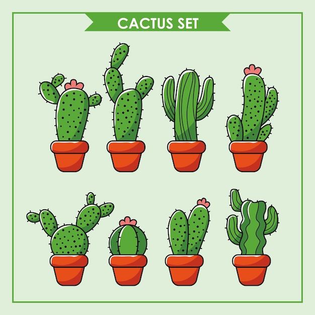 set of cute cactus cartoon plants in pots