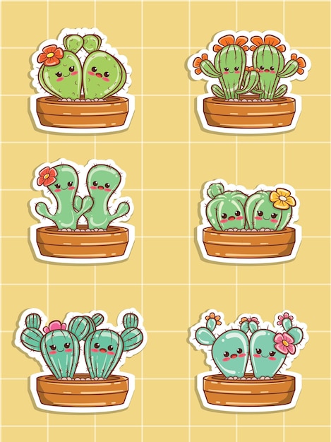 Set di simpatici cactus coppia fumetto adesivo illustrazione