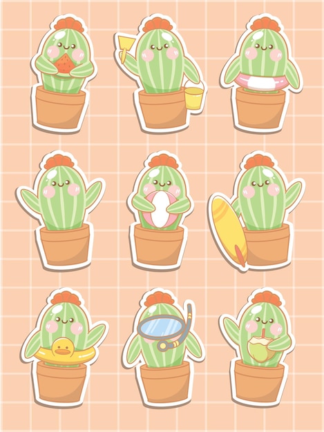 set of cute cactus summer cartoon sticker illustration