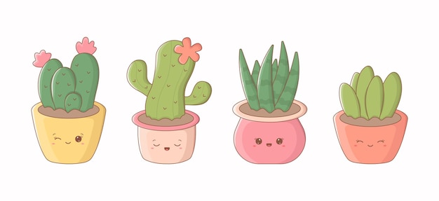 Set of cute cactuses potted plants with funny faces