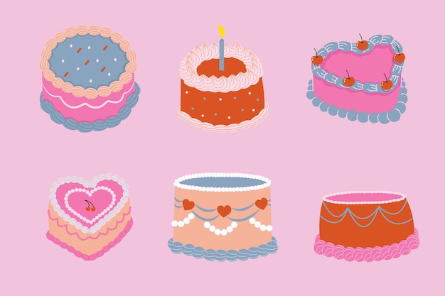 Vector set of cute cakes in retro style the illustration is hand drawn concept of birthday party weddin