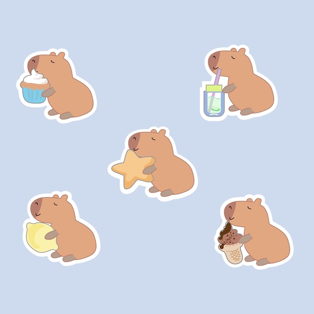 Set of cute capybara Friendly animal character Flower strawbery ice cream rainbow hand drawn Kawaii