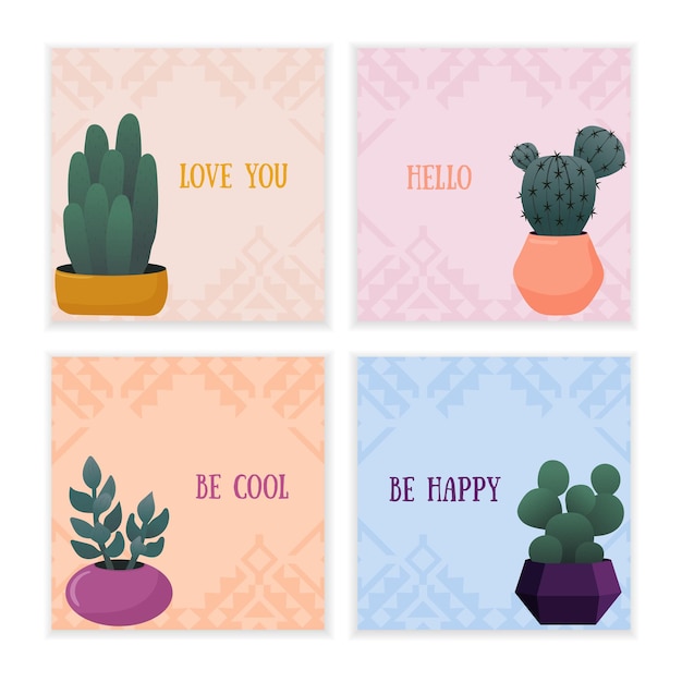 Set of cute cards with cacti in pots