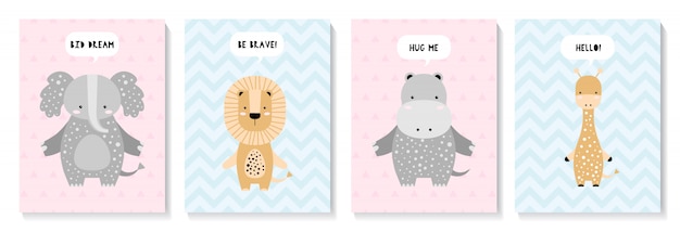 A set of cute cards with elephant, lion, giraffe, hippo