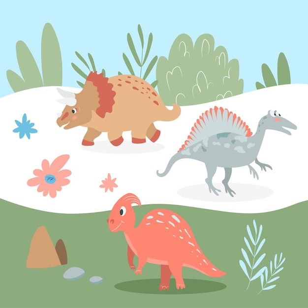 Vettore set di simpatici dinosauri carnivori ed erbivori sullo sfondo della natura illustrazione vettoriale in stile cartone animato per bambini