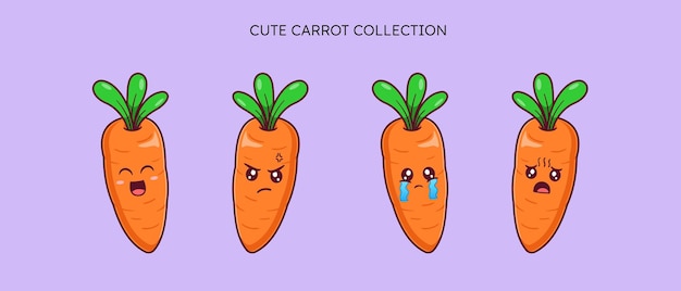 Set of cute carrot with various expression on white background isolated flat vector illustration