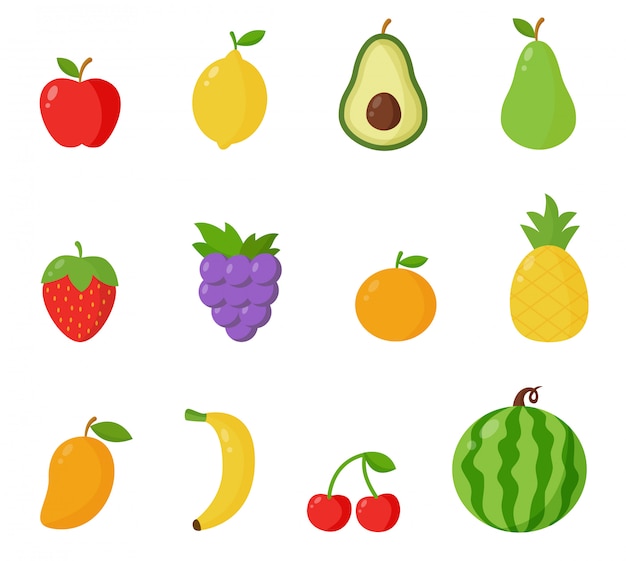 Set of cute carton  fruits. Collection of healthy food summer vitamins.