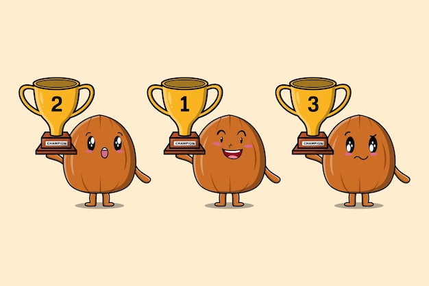 Set of cute cartoon almond nut holding trophy with happy expression in flat modern style design