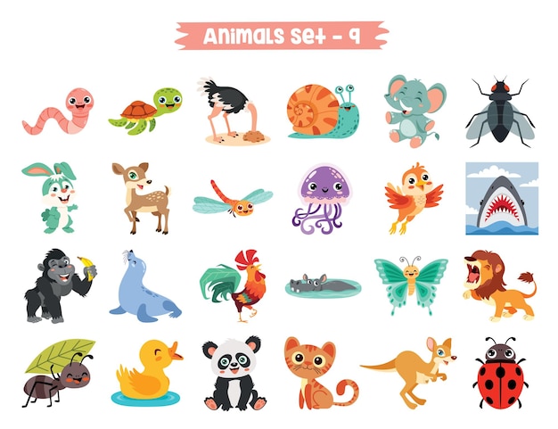 Set di simpatici animali dei cartoni animati