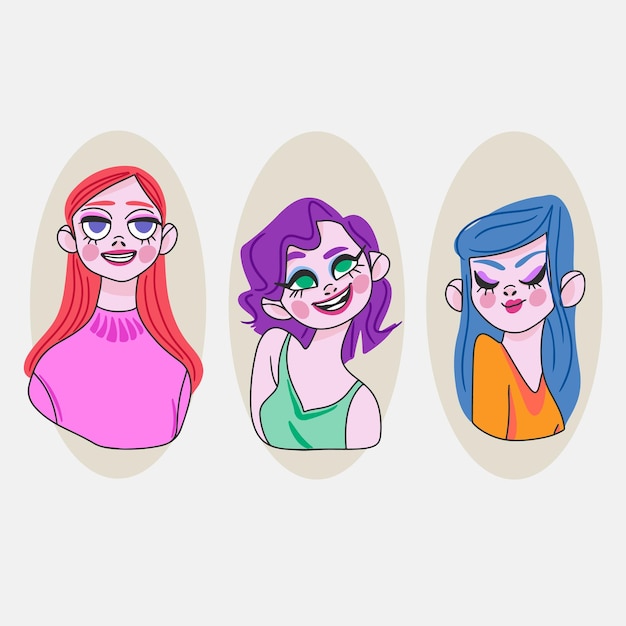 Set di simpatici cartoni animati avatar ragazze sorridono sul viso moda doodle