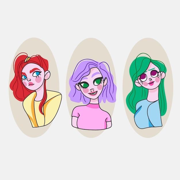 Set di simpatici cartoni animati avatar ragazze sorridono sul viso moda doodle